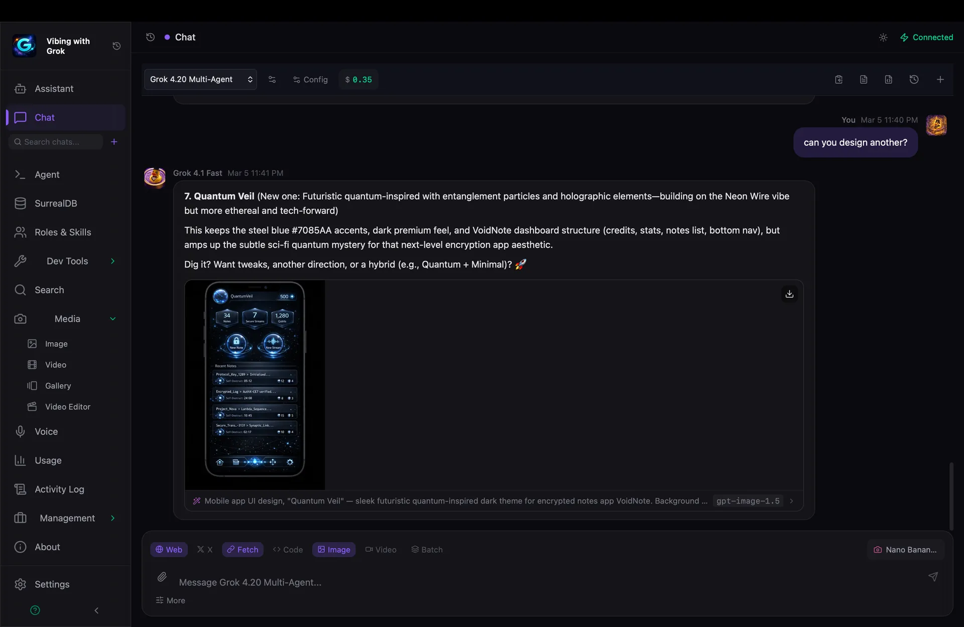 Vibing with Grok Agent — autonomous coding session with tool calling and streaming output